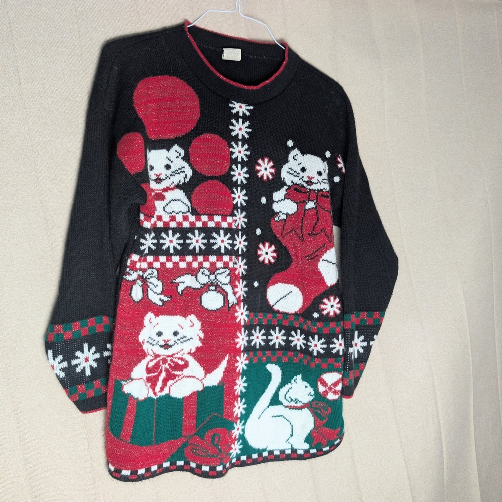 Holiday Time Christmas Cat Lady  Vintage Sweater Tinsel Knit Womens Size M